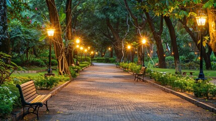 Obraz premium Serene pathway through a tranquil park with benches and soft lighting