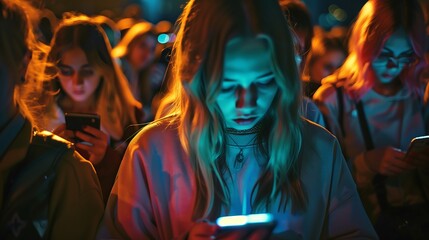 A group of people standing in a crowd, all looking at their smartphones. The image is lit with neon lights, creating a vibrant and energetic atmosphere.
