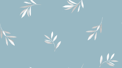 Fototapeta premium Foliage seamless pattern, white olive leaf branch on blue background