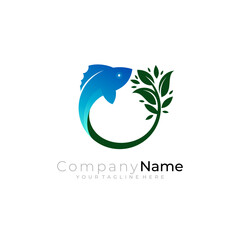 Fish logo and tree design combination, abstract animal, marine life