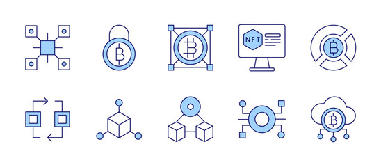 Blockchain icons. Duotone style, editable stroke, vector illustration. Blockchain, bitcoin, chart, blockchain, monitor, cloud, network.