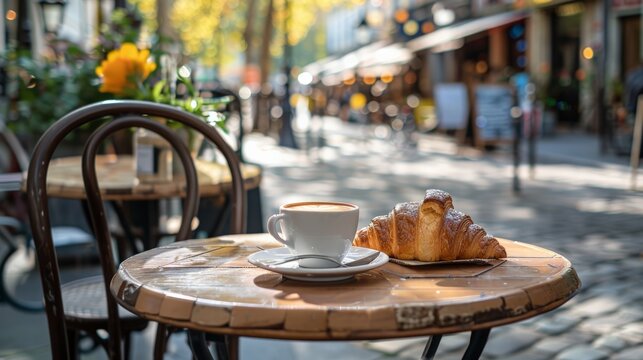Fototapeta Sidewalk cafe table with a cappuccino and a croissant in a European city