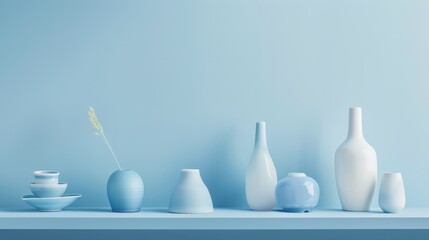 Simple blue ceramic pottery pieces showcased on a gradient blue shelf