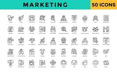 Marketing icon set with campaign, strategy, target audience, market research, data analysis, audience segmentation, branding, logo, identity, brand guidelines icon. Simple line vector 