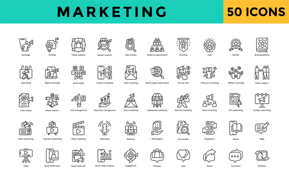 Marketing icon set with campaign, strategy, target audience, market research, data analysis, audience segmentation, branding, logo, identity, brand guidelines icon. Simple line vector 