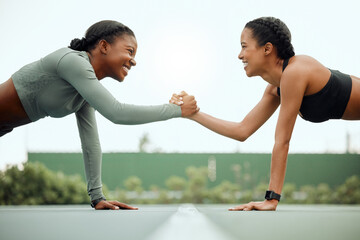 Handshake, motivation and people with fitness for push up, workout or exercise for support, teamwork or challenge. Accountability, women or athletes on court for balance, training or growth together