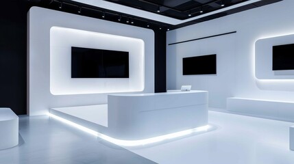 Ultra-modern workspace with geometric furniture, holographic displays, and sleek high-tech devices, showcasing cutting-edge innovation