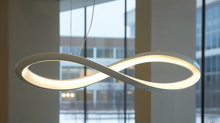 Fototapeta premium Modern infinity-shaped LED pendant light fixture hanging in a contemporary office interior with large windows and natural light.