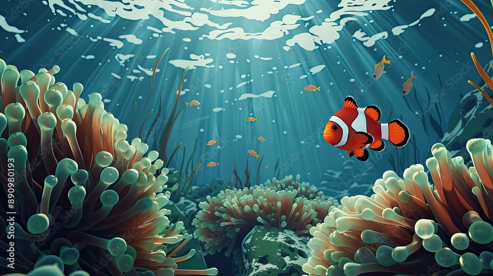 Wall mural Underwater Scene with Clownfish and Anemone