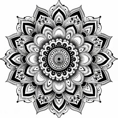 Intricate black line mandala with starburst patterns and concentric circles on white