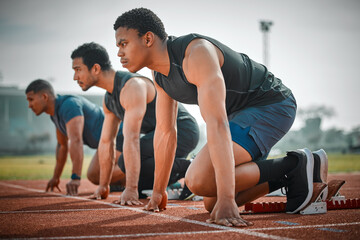 Start, block and group of men race at track for speed challenge, marathon event and professional...
