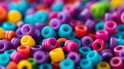 Vibrant Close-Up of Colorful Plastic Beads in Various Shapes and Sizes for Crafting and Jewelry Making