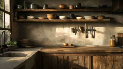 Rustic Kitchen Interior with Wooden Shelves, Utensils, and Sunlight Streaming Through Window