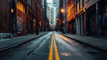 Obraz premium Urban Street at Dusk with City Lights and Graffiti Walls in the Background