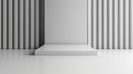 Fototapeta premium Minimalistic White Podium with Vertical Striped Background in Modern Studio Setting