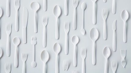 Minimalist Flat Lay of White Plastic Cutlery Arranged on a White Background