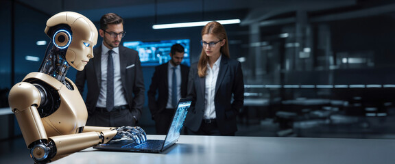 Agents training advanced robot that looks like a human, he is working typing on laptop with holographic screen at high tech facility. AI training, robot learning common computer task