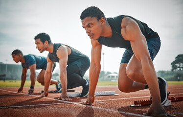 Race, start and group of men at stadium for speed challenge, marathon event and professional...
