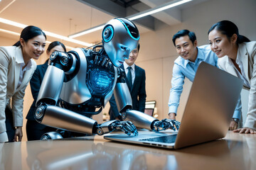 People in office looking at humanoid robot while he is performing tasks and working on laptop computer, advanced AI of sophisticated technology replacing human work, automation of tasks in workplace