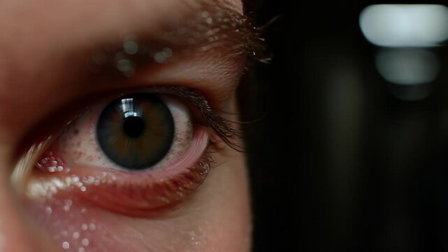 A macro view of a terrified individuals wide dilated eyes as they look frantically around the dimly lit hallway.