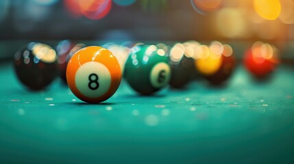 A perfectly aligned set of billiard balls with the eight ball prominently in the foreground, captured with high-definition clarity, the rich colors of the balls contrasting against the green table