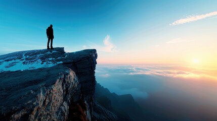 A person standing on a rocky cliff edge, looking out over a vast and rugged landscape, representing overcoming adversity and finding strength in the journey
