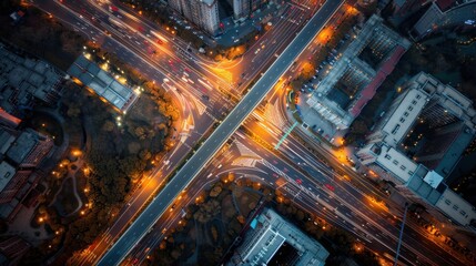 Cinematic top view of a complex road junction at dusk in autumn, with golden and red leaves scattered on the ground, and all roads brightly lit, creating a mesmerizing pattern