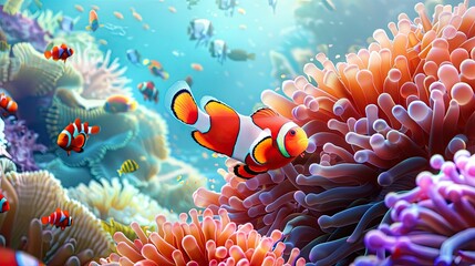Clownfish Swimming Among Vivid Coral