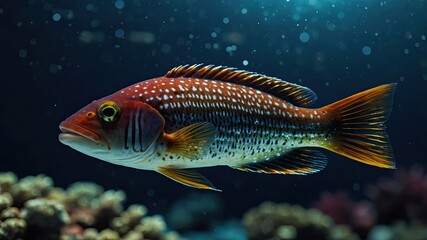 close-up of Wrasse, cinematic, deep sea background