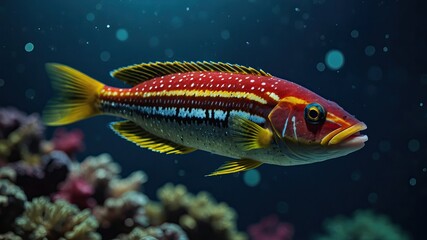 close-up of Wrasse, cinematic, deep sea background