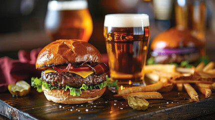 A mouth-watering cheeseburger with lettuce, cheese, and bacon, served with fries and beer in a casual dining setting.