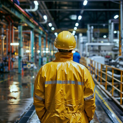 Worker in Yellow Protective Suit in Manufacturing Plant