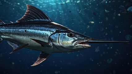 Fototapeta premium close-up of Xiphias (Swordfish), cinematic, deep sea background