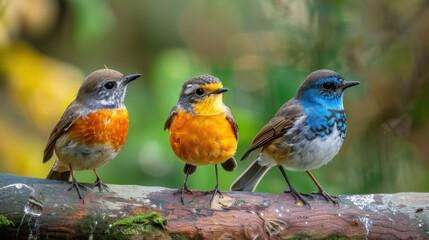 Fototapeta premium Three vibrant birds with distinct colors sit on a branch, showcasing nature's diversity and beauty in a serene setting.