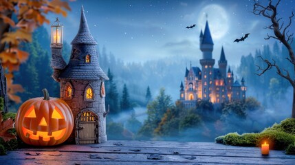 Spooky Halloween Castle Under Moonlight