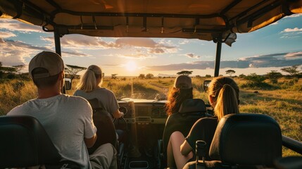Safari tourists in a jeep watching wildlife in an African savannah