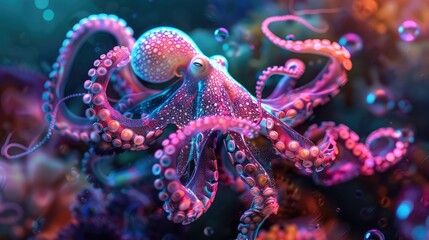 Obraz premium Neon Octopus in a Vibrant Underwater World