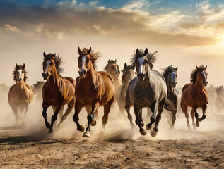 Obraz premium Modern painting, abstract, metal elements, texture background, animals, horses, 