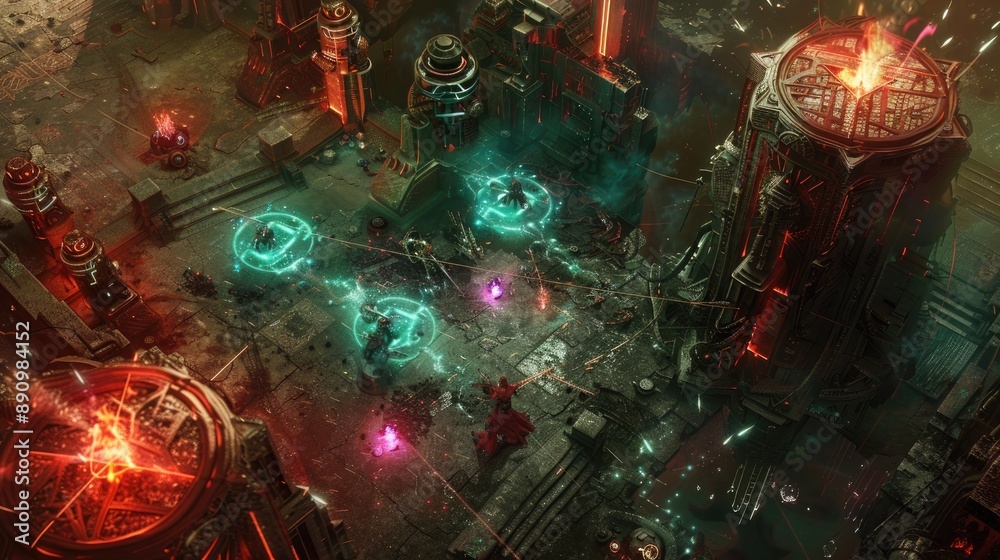 Poster arcane constructs of ancient magic and technology battling in a labyrinthine citadel filled with glo