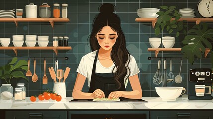 vector, illustration, The woman is cooking in the kitchen. Apron for cooking. Cozy kitchen with appliances and utensils