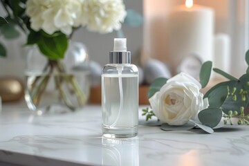 Minimalistic fragrance mist bottle on a white countertop with elegant decor