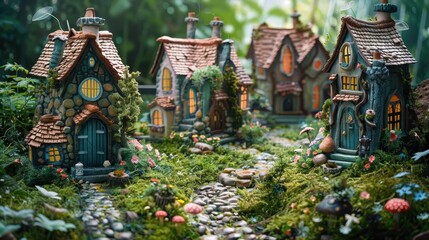 Fototapeta premium A grass lawn with a whimsical fairy garden featuring miniature houses and pathways.