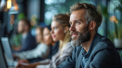 Obraz premium A bearded businessman attentively participating in an office meeting, surrounded by colleagues in a modern workspace.