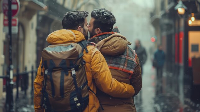 Romantic Couple Kissing in Bustling City Street, Urban Love, Gay Couple, Cityscape, Affection, Romance, Love, Relationship, Public Display of Affection, PDA, Street Photography, City Life, Urban