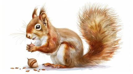 Obraz premium A delightful, playful squirrel with a bushy tail, holding an acorn on a bright white background, with fine, detailed lines giving a sense of depth and charm 