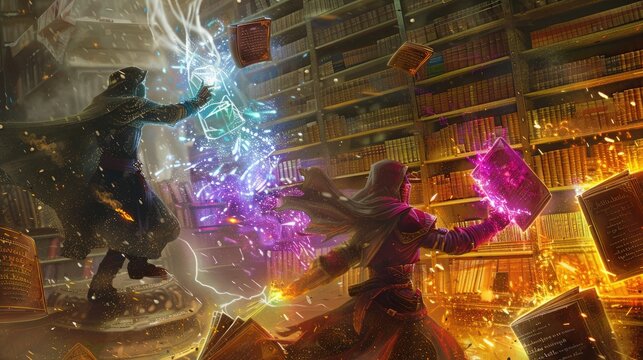 Arcane guardians of arcane knowledge and mystical prowess battling in a labyrinthine library of infinite scrolls and glowing manuscripts.
