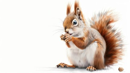 Obraz premium A delightful, playful squirrel with a bushy tail, holding an acorn on a bright white background, with fine, detailed lines giving a sense of depth and charm