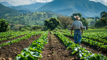 A farmer walks through a lush green vegetable field, with mountains in the background on a sunny day.