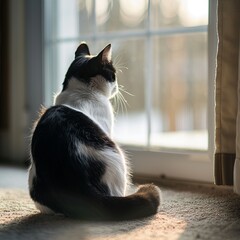 Black And White Cat Gazing Out Window On Sunny Day