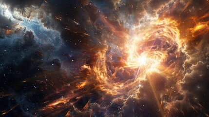 Celestial avatars of light and darkness clashing in a radiant explosion of cosmic energy amidst the swirling chaos of the universe.